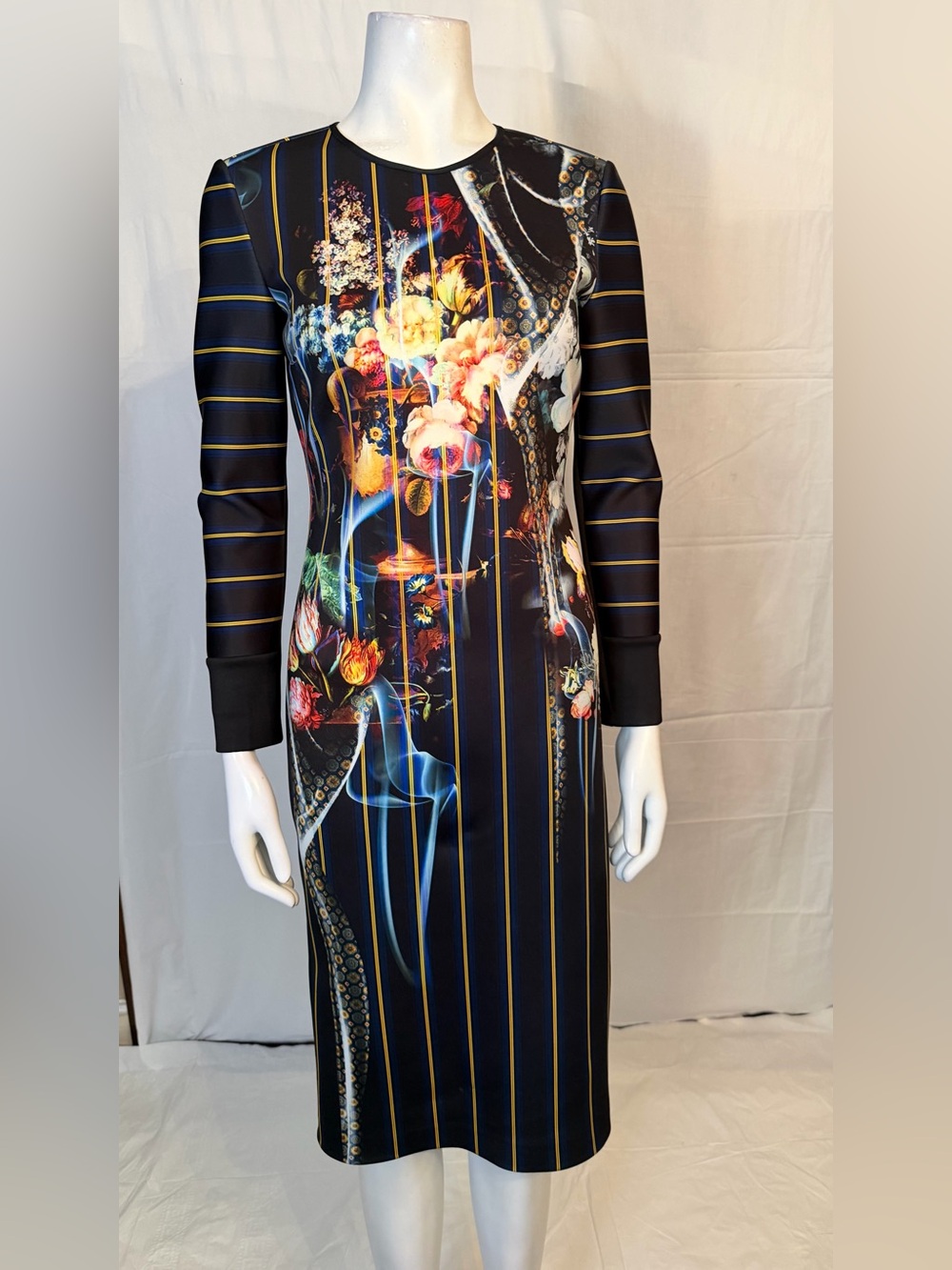 Clover Canyon Navy Floral & Gold-Stripe Long Sleeve Dress
